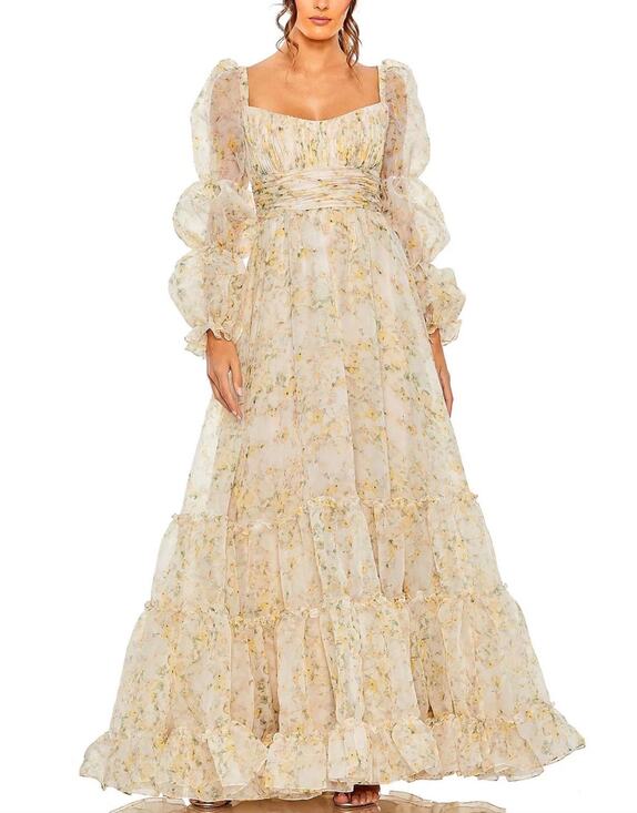 Mac Duggal Dresses & Skirts - Mac Duggal 68288 Cream Evening Gown Floral Chiffon Long Sleeve Dress Size 10